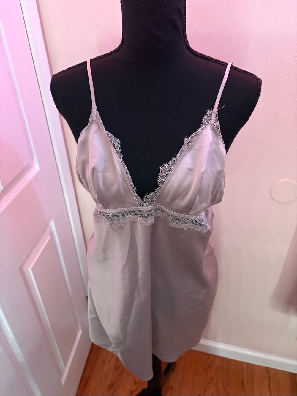 Victoria's Secret Silver Satin Lace-Trim Chemise